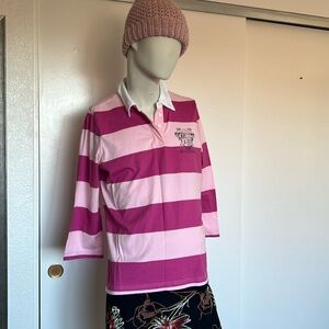 Izod Polo Shirt Women's X Large 3/4 sleeves Pink collared Striped Top EUC!!!